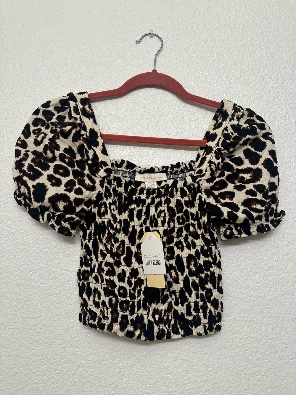 Monteau Cream and Black Leopard Smocked Puff Sleeve Crop Top